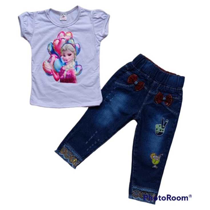stelan anak perempuan motif kartun lucu lucu Random stelan kaos &amp; jeans anak atasan bawahan anak anak mutah