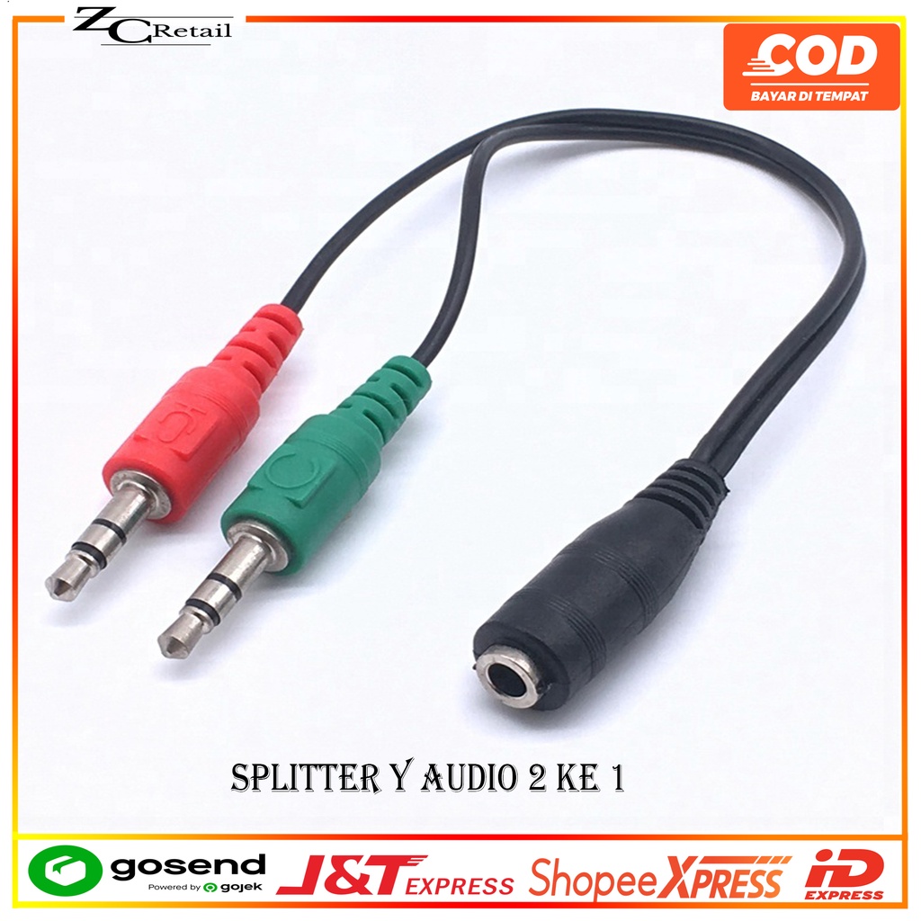 Conector Converter spliter Kabel Jack 3.5mm Y headset Female To 2 male Mic dan Audio merah hijau pc