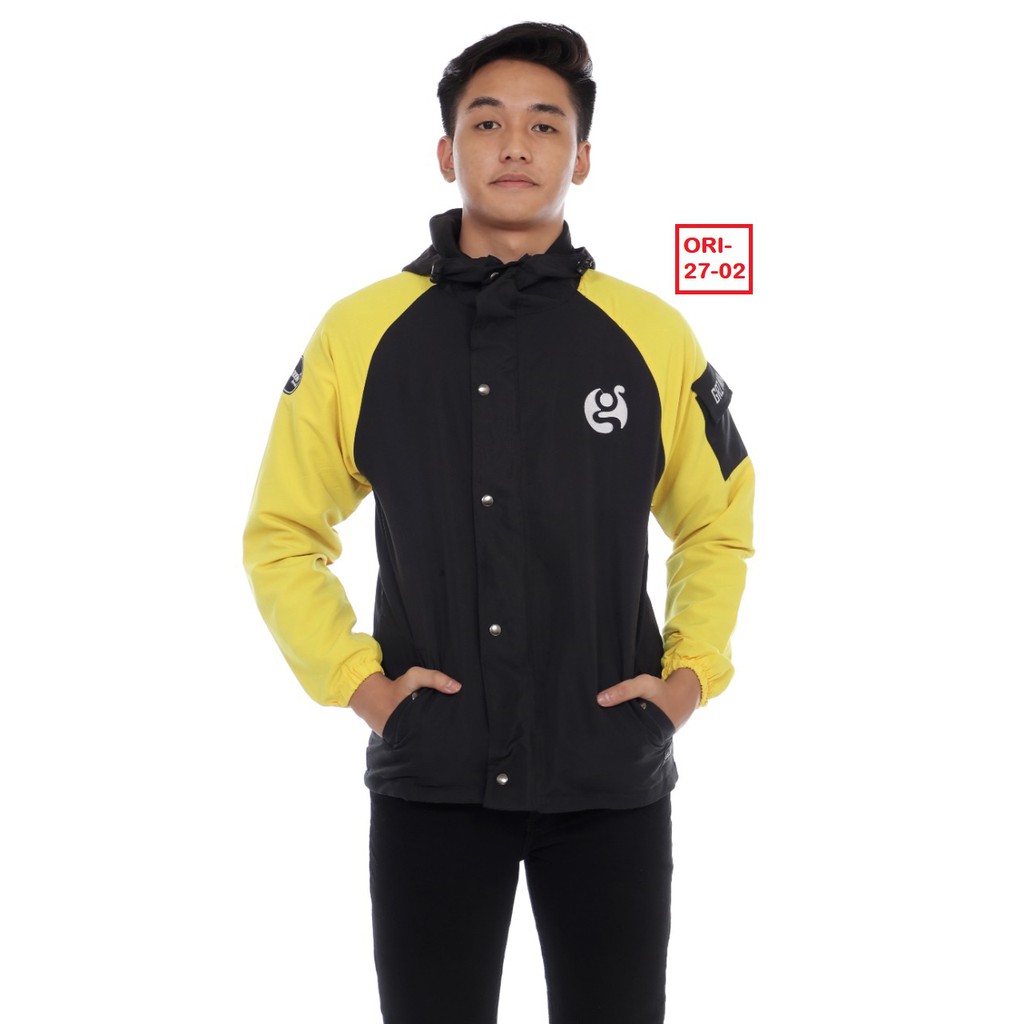 Jaket Parasut Pria Reglan Bahan Tahan Air Warna dasar Hitam Kuning