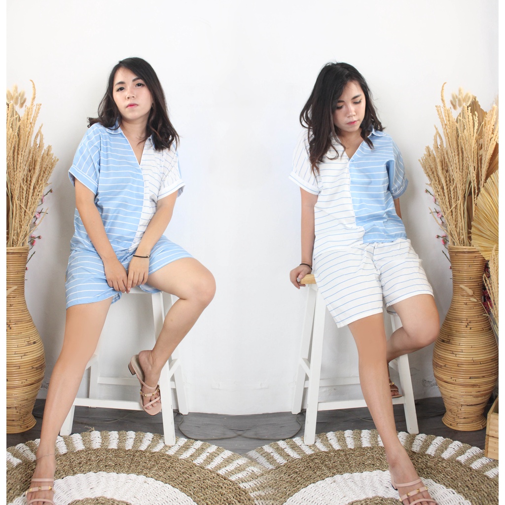 baju tidur wanita dewasa hotpants MA-stripe white blue