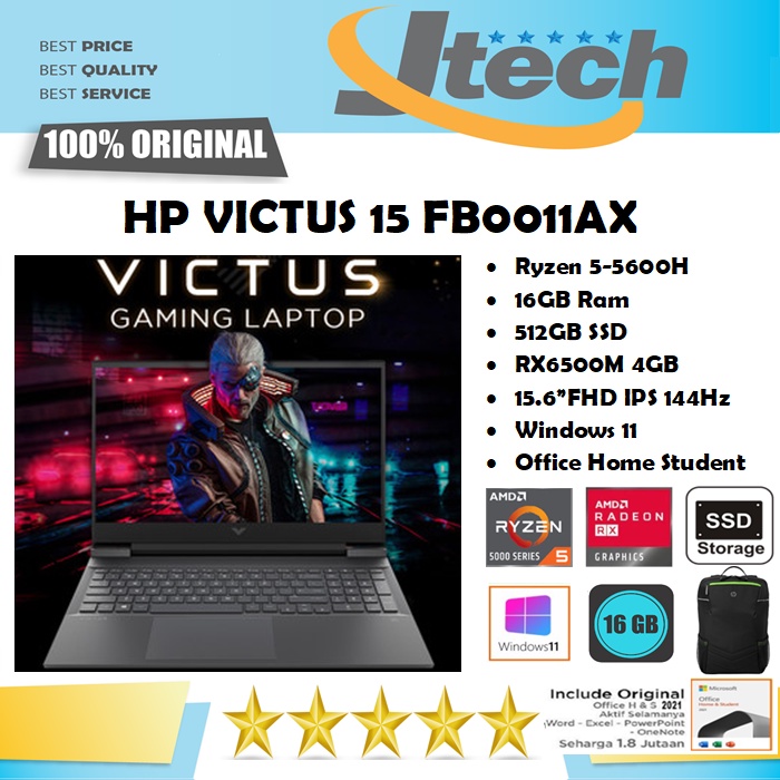 HP VICTUS GAMING 15 FB0011AX - RYZEN 5-5600H - 16GB - 512GB SSD - RX6500M 4GB - 15.6&quot;FHD IPS 144Hz - WIN11 - OFFICE HOME STUDENT