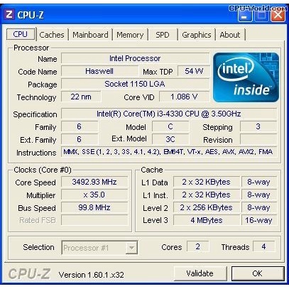 Processor Intel Core i3 4330 tray socket 1150 Haswell