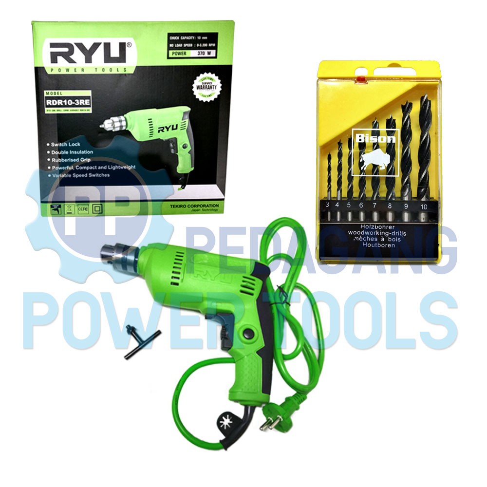 RYU RDR10-3RE MESIN BOR LISTRIK 10 MM &amp; MATA BOR KAYU SET 8 PCS