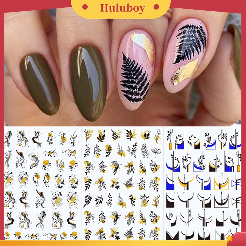 Huluboy Huluboy♡ Stiker Kuku Motif Bunga Daun Tropis Warna Hitam Putih Untuk Anak Perempuan