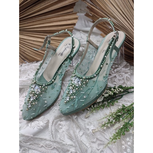 sepatu wanita wedding  kiyarisa sage green 7cm kaca