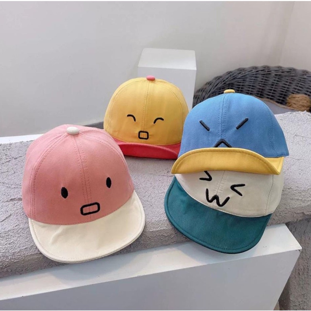 JUNE_COLLECTIONS TOPI BASEBALL FASHION HAT ANAK BAYI LAKI-LAKI DAN PEREMPUAN COWOK DAN CEWEK MOTIF EKSPRESI LUCU BORDIR EMOJI TOPI UNISEX ANAK #TP06