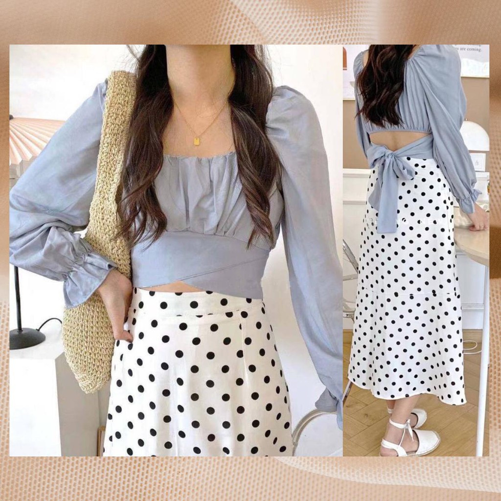 Asther Back Ribbon Longsleeve Top | Blouse Korea Blouse Pastel Atasan Panjang Korea Crop Top Blouse 