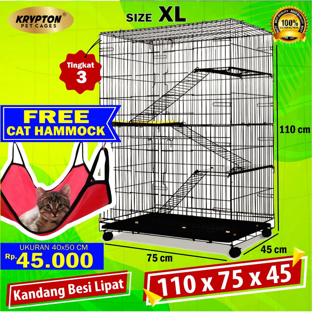 Kandang Kucing Tingkat 3 Jumbo XL 110x75x45 + FREE HAMMOCK + RODA 