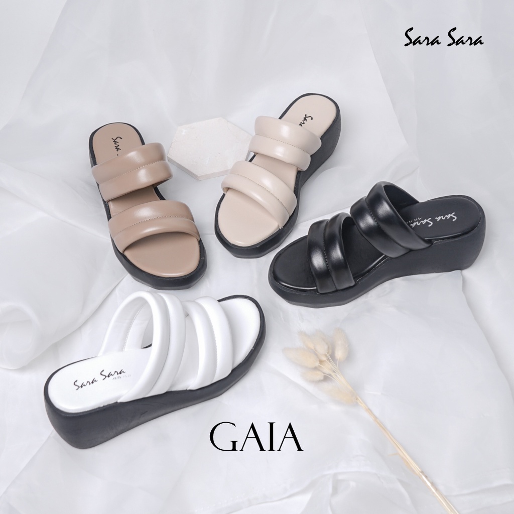 Sara Sara Gaia Sendal Wedges Wanita Casual Sandal Cewek Ban Dua Kulit Hak Tinggi Size 36-40