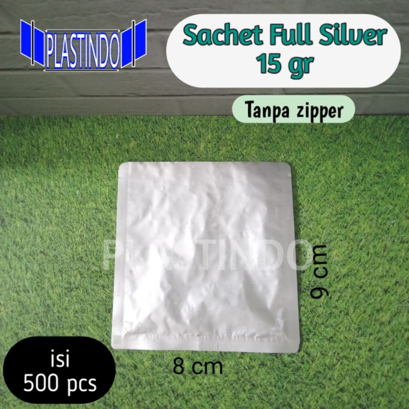 Isi 500 SACHET SILVER ALUMINIUM FOIL 15gr 8x9cm KPACK KEMASAN BUBUK KOPI MASKER BUMBU