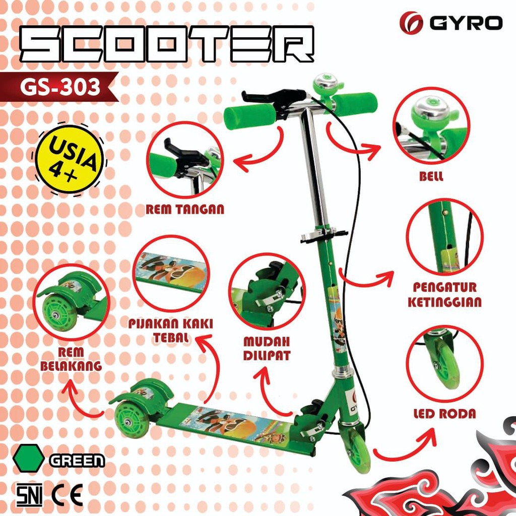 Khusus Gojek/Grab Instan Skuter Anak Roda 2 & 3  Element RMB SNI & Scooter RD3 D007 Avengers & Frozen Papan Skateboard Murah-Gyro 303 Green
