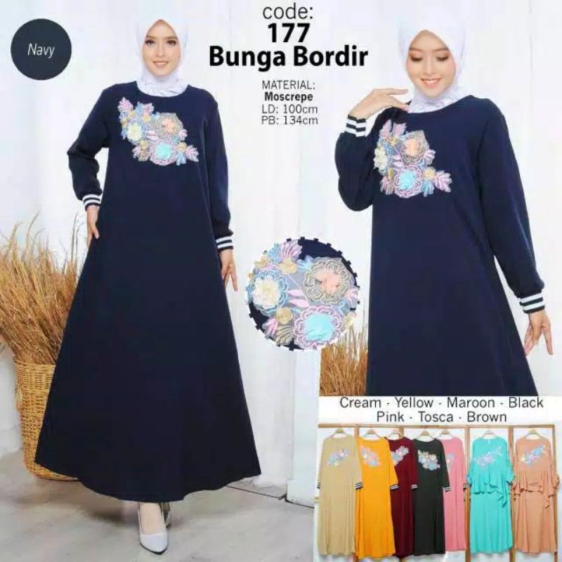 GAMIS MAXY DRESS MOSCREPE POLOS KOMBINASI BORDIR BUNGA JAHIT LENGAN PANJANG