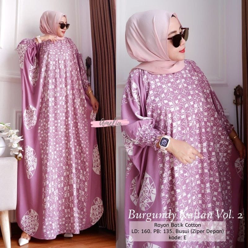 Burgundy Kaftan Wanita Size Jumbo XXXXL Motif Batik Cap Encim Soft Color Busui Resleting Legan 3/4 Gamis Rayon Kaftan