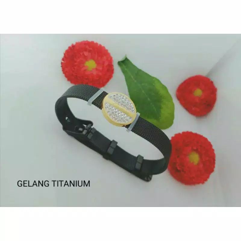 lightfashion Gelang Titanium Motif Jam Tangan Cartier Permata Premium BLACK S067