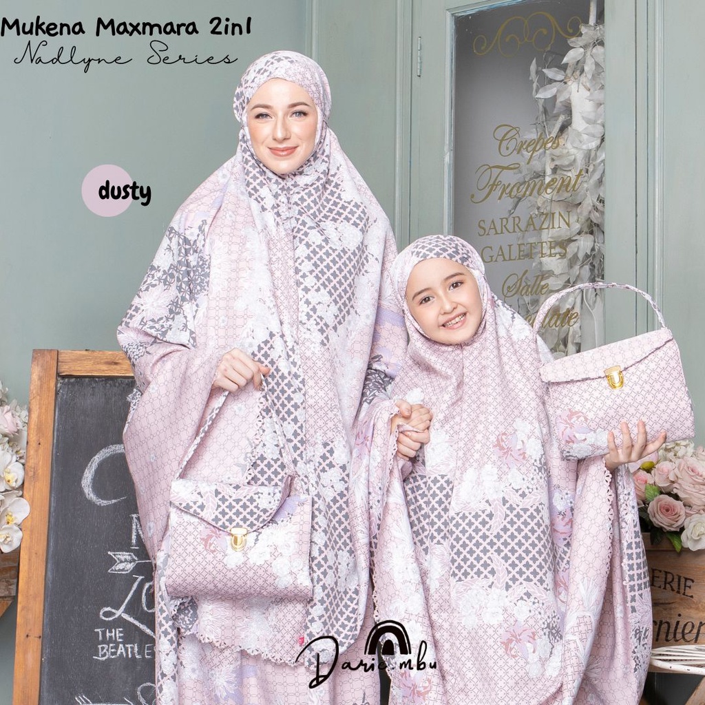 Mukena Couple Ibu dan Anak Maxmara Luxury 2in1 Printing Premiun Laser Cut Mewah Tas Sajadah