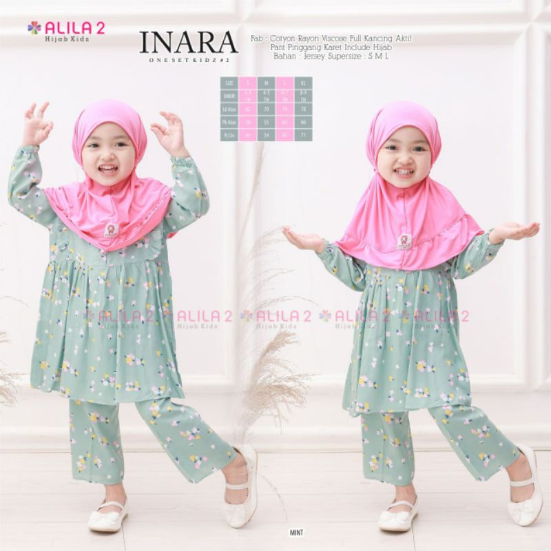 Inara One Set Kids ori Alila Setelan Set Pajamas Piyama Plus Hijab Size S-Xl Usia Perkiraan 2-9tahun