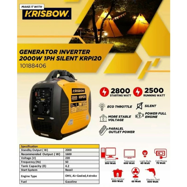 KRISBOW Genset Listrik Bensin 2000 Watt Redam Suara / GENERATOR GASOLINE INV2000W 1PH SILENT