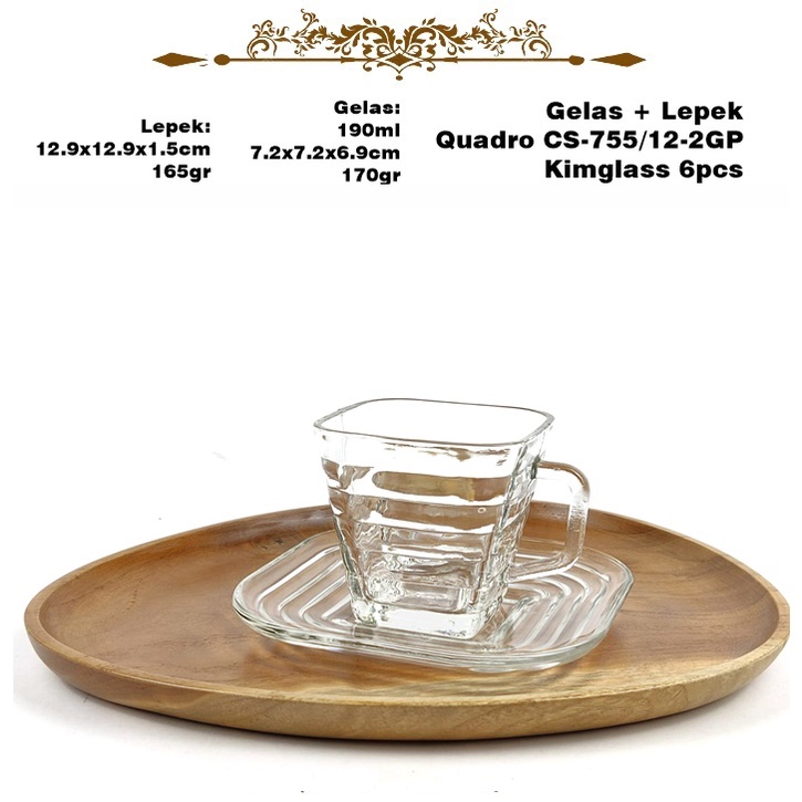 Set Gelas+Lepek Quadro CS-755/12-2GP KIMGLASS Isi 6 Set