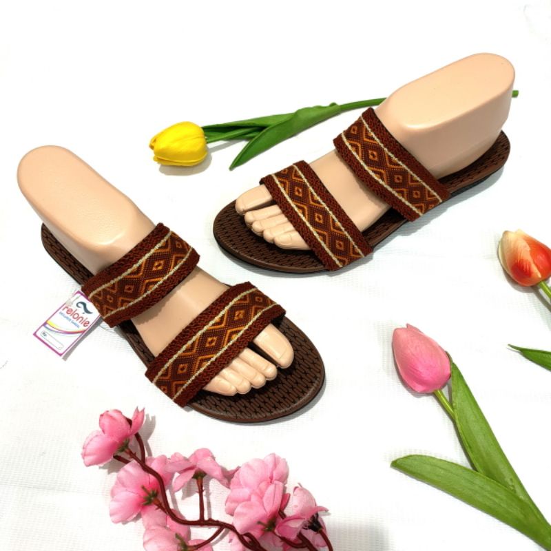 Sandal wanita murah ban 2 batik dan renda Felonie MRK  02 turki rajut