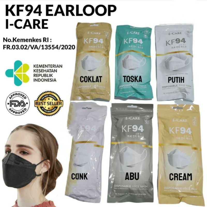 MASKER KF94 ICARE WARNA PUTIH ISI 10PCS ORIGINAL BEST QUALITY