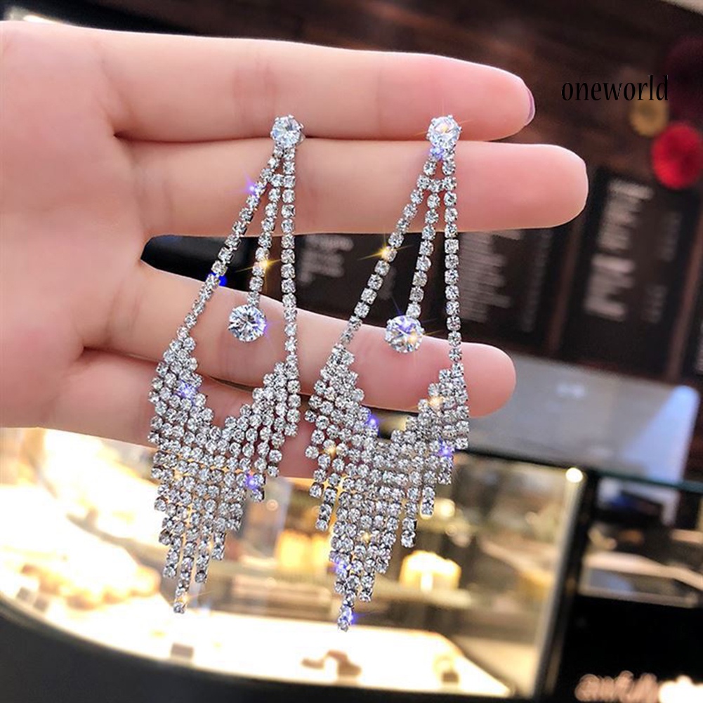 OW@ Luxury Geometric Tassel Rhinestone Long Dangle Women Stud Earrings Jewelry Gift