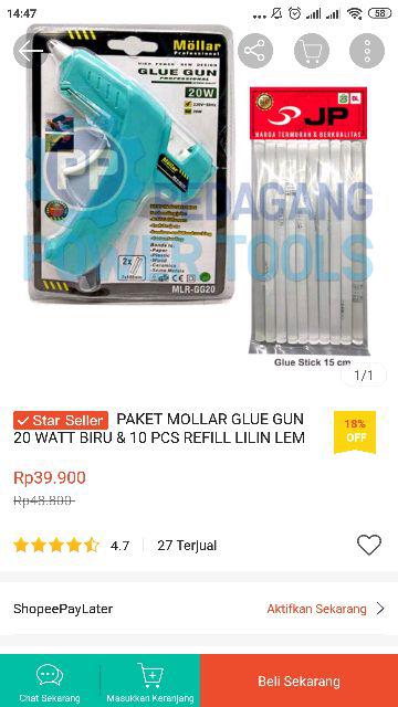 Paket Mollar Glue Gun 20 Watt Biru & 10 Pcs Refill Lilin Lem Tembak