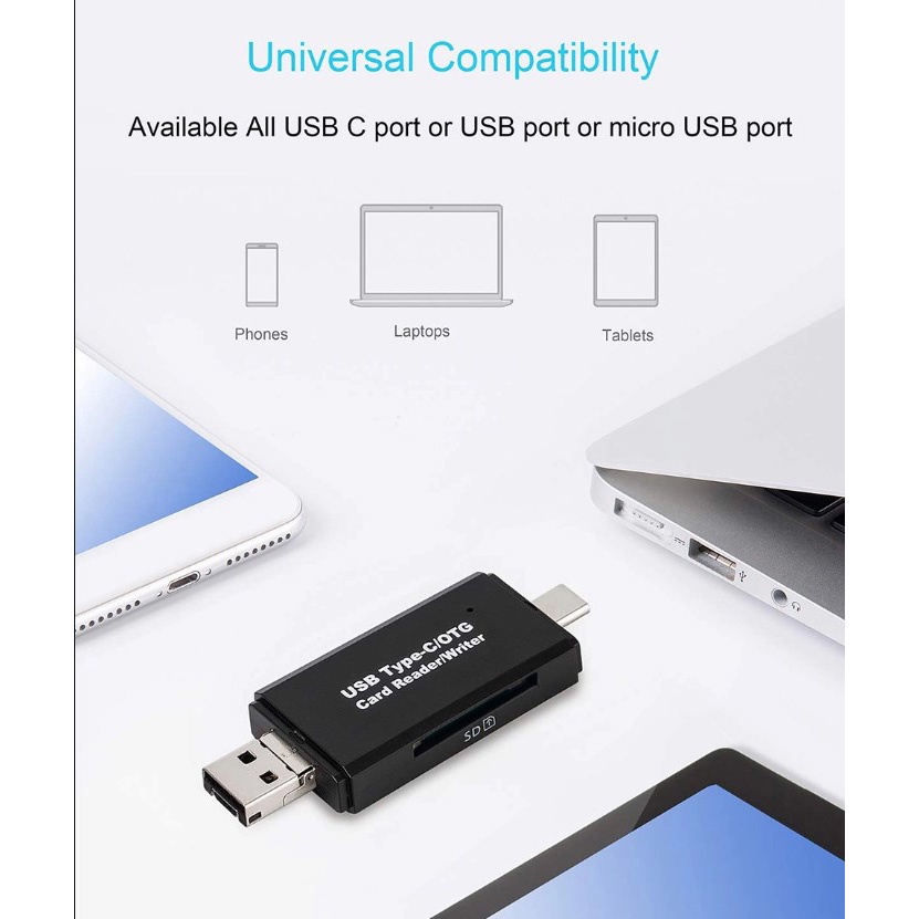 Memory Card Reader OTG 3 in 1 USB Type C + USB Type A + Micro USB - YC320 - OMCR1MBK Black