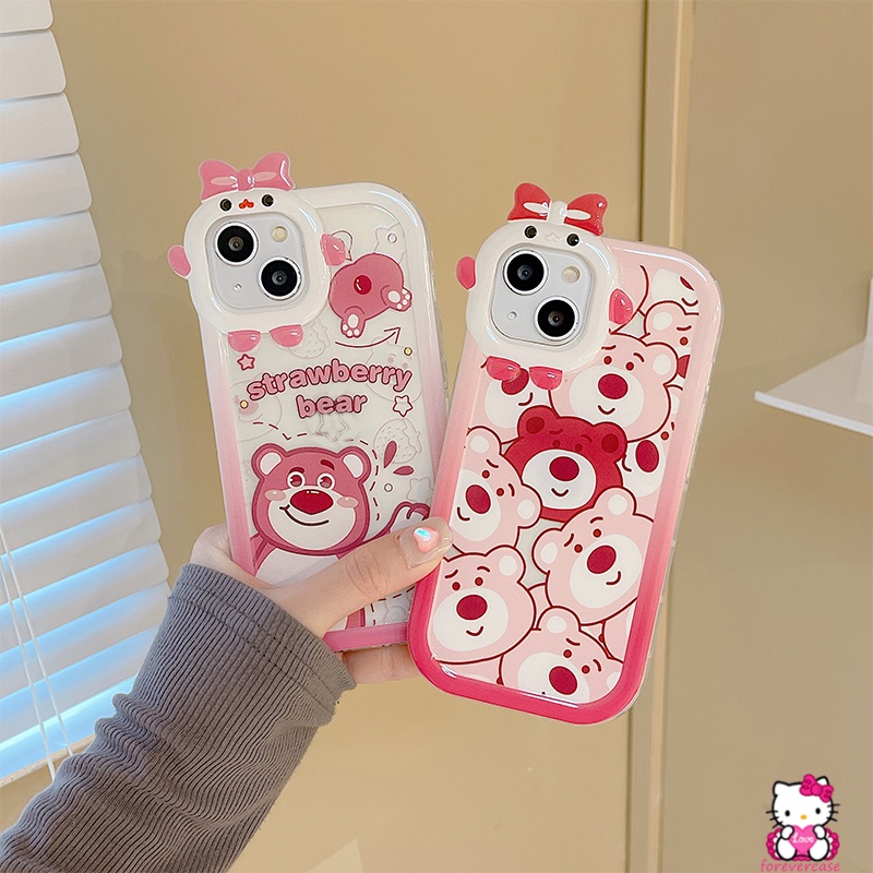 Soft Case TPU Motif Kartun Beruang Pink Strawberry 3D Untuk IPhone 7Plus 13 11 12 Pro MAX 6 6S 7 8 Plus XR X XS MAX 8Plus SE 2020