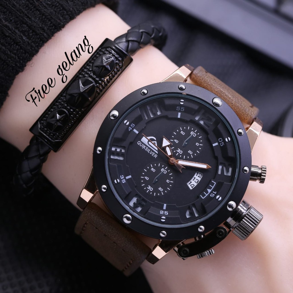 JAM TANGAN QUIKSILVER PRIA KULIT TANGGAL AKTIF GRATIS GELANG FREE BOX DAN BATERAI || JAM TANGAN QUICKSILVER QS JAM TANGA PRIA FASHION COWOK