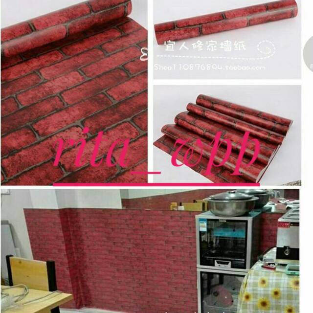 Walpaper dinding motif batu bata soft red
