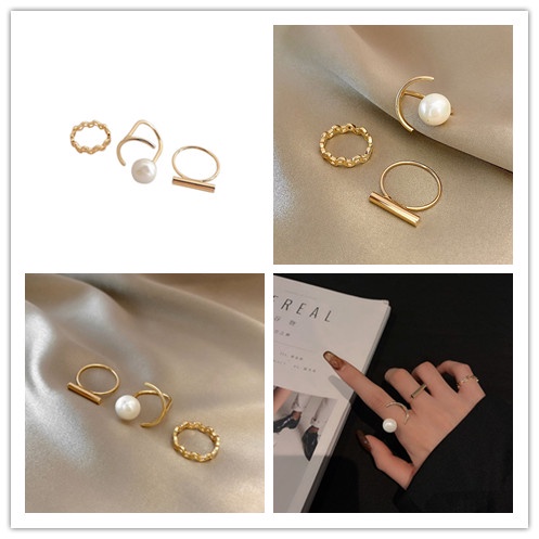 3pcs / set Cincin Jari Telunjuk Model Terbuka Warna Emas Aksen Mutiara Gaya retro Untuk Wanita