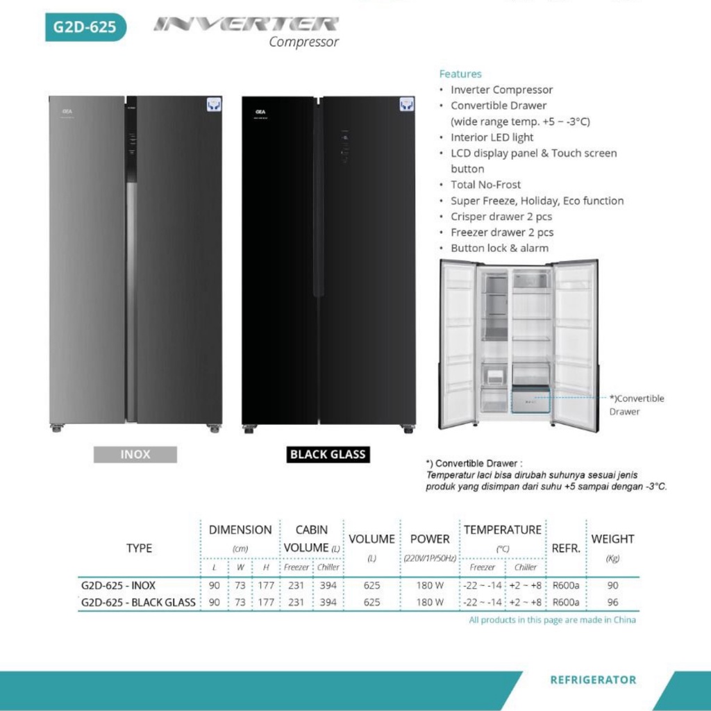 GEA Kulkas Side By Side Inverter G2D 625 INOX | Refrigerator