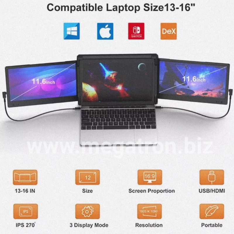 Portable Triple Screen Monitor 12 inch (cocok untuk laptop 13 - 16 inch) - bisa dilipat