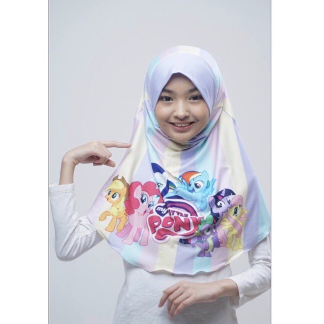 BERGO HIJAB INSTANT PRINTING MOTIF LITTLEPONY , HIJAB INSTANT ANAK LUCU KARAKTER , JILBAB ANAK LUCU