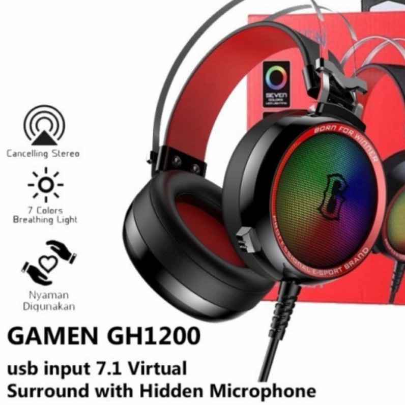 HEADSET GAMING DENGAN LAMPU WARNA WARNI RGB - GAMEN GH1200 - ORIGINAL