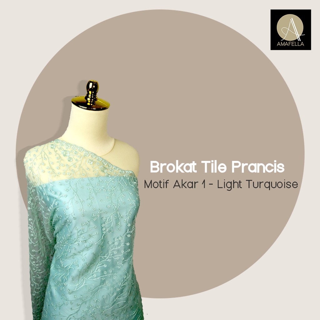 1/2 meter Kain Brokat Brukat Tile Prancis Bahan Kebaya Motif Akar Warna Light Turquoise / Mint