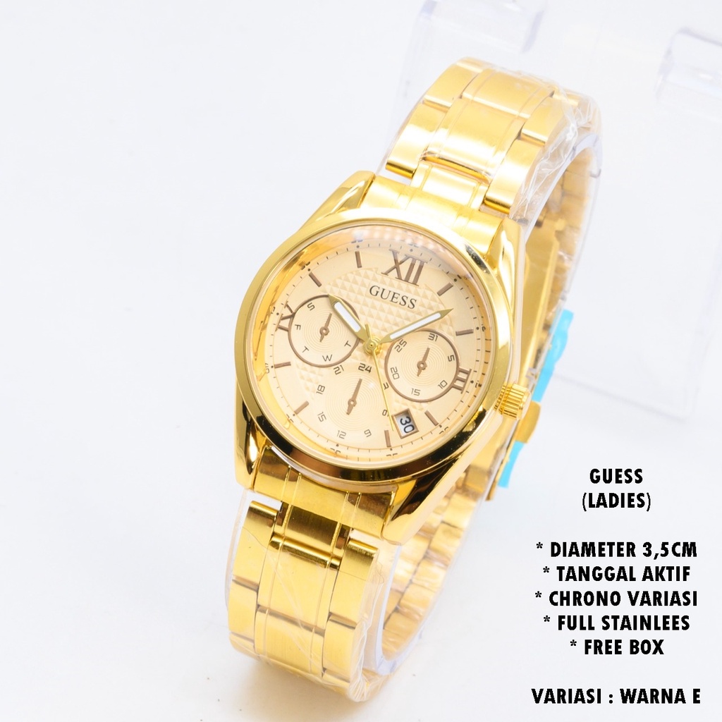 (FREE BOX) JAM TANGAN WANITA GUESS RANTAI BODY BULAT TANGGAL AKTIF