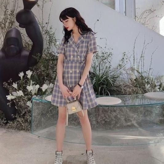 Dress Lengan Pendek Motif Kotak-Kotak Untuk Wanita