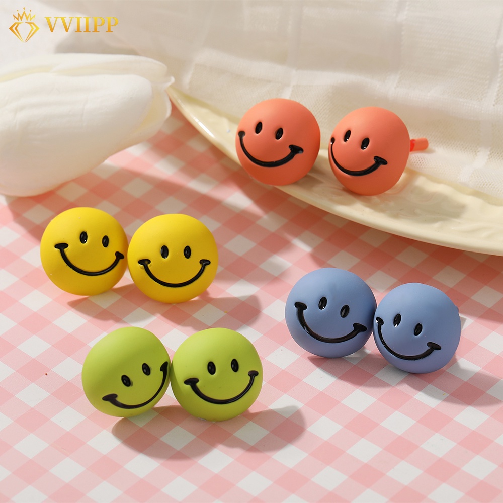 Anting Stud Geometris Desain Smiley Warna Macaron Gaya Korea Untuk Wanita