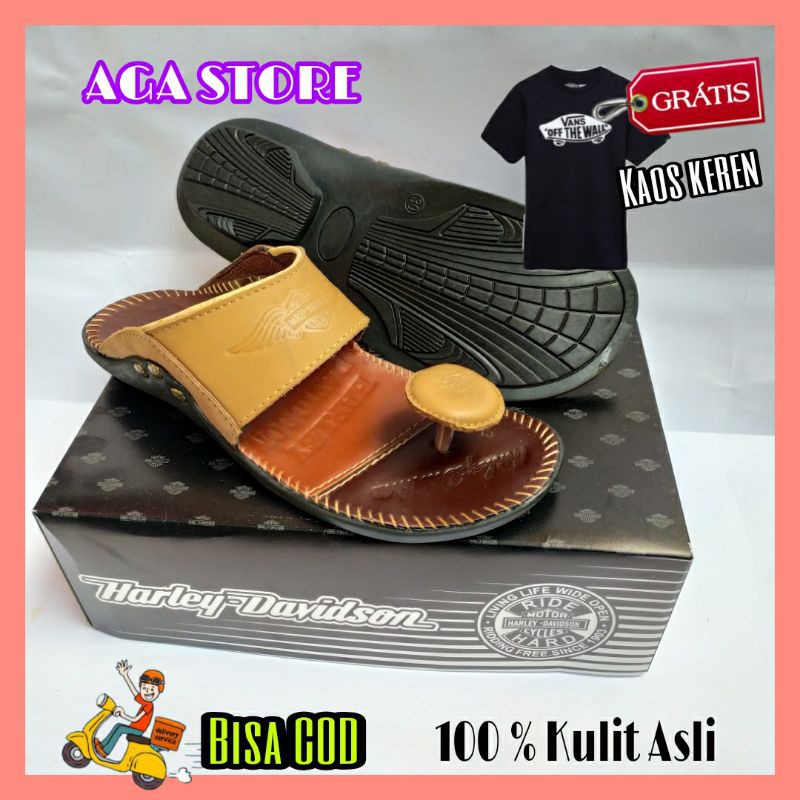 Sandal Pria Harley Davidson Jamur Original Kulit asli Sendal Jepit Cowok Coklat Muda Free Kaos