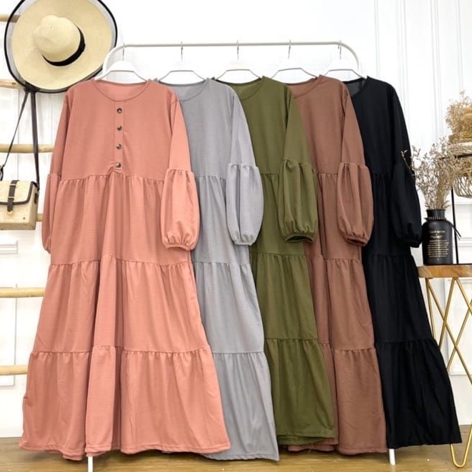 Gamis busui model kancing rempel 3 susun motif polos bahan waffle merk cocobee (kode 743)