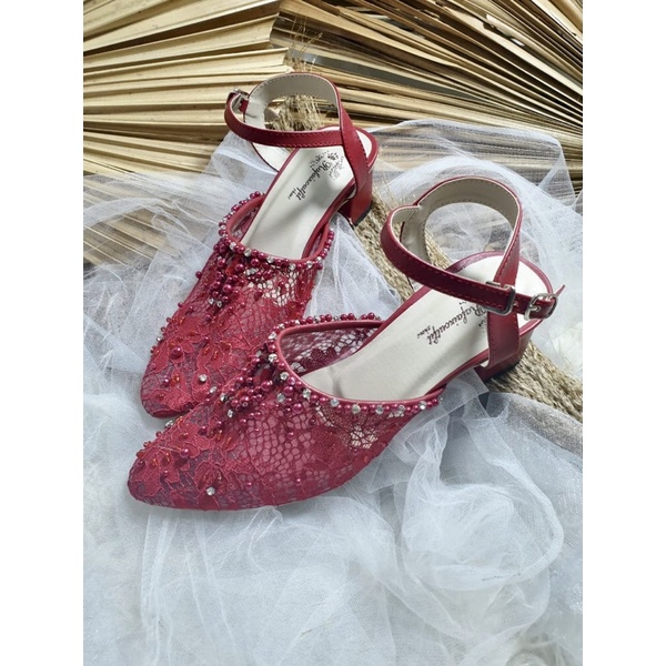 sepatu wedding shoes merah marron tali tinggi 5cm tahu