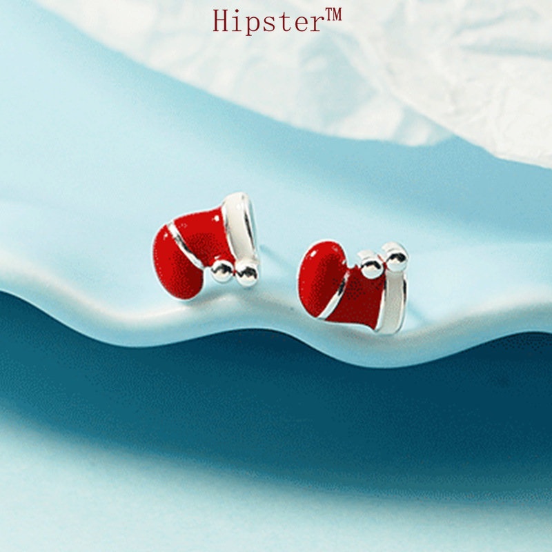 Anting Tusuk Sterling Silver 925 Desain Kaos Kaki Natal Warna Merah Untuk Wanita