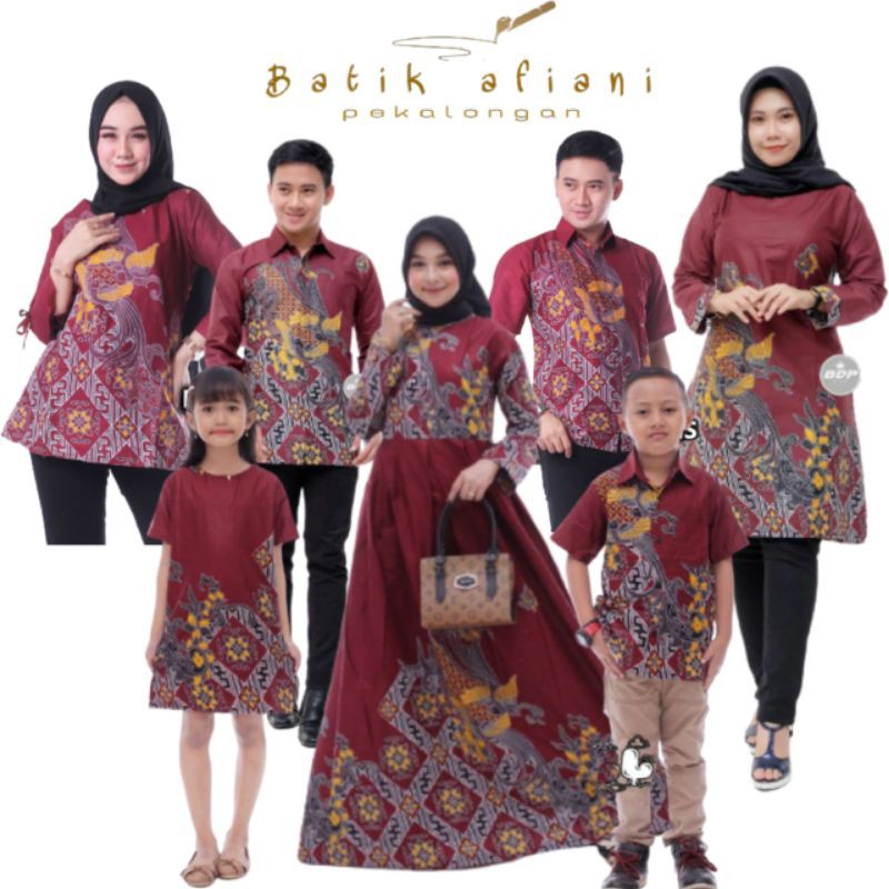 Baju Batik Couple Keluarga Sania Ruffle Ori Ndoro Jowi Kenari Merah Maroon- Batik Pekalongan