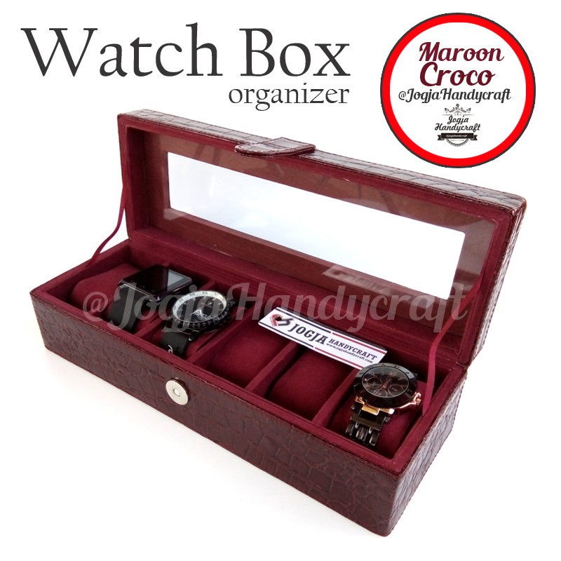 Kotak Jam Tangan Isi 6 | Box Jam Tangan - Motif Croco Maroon