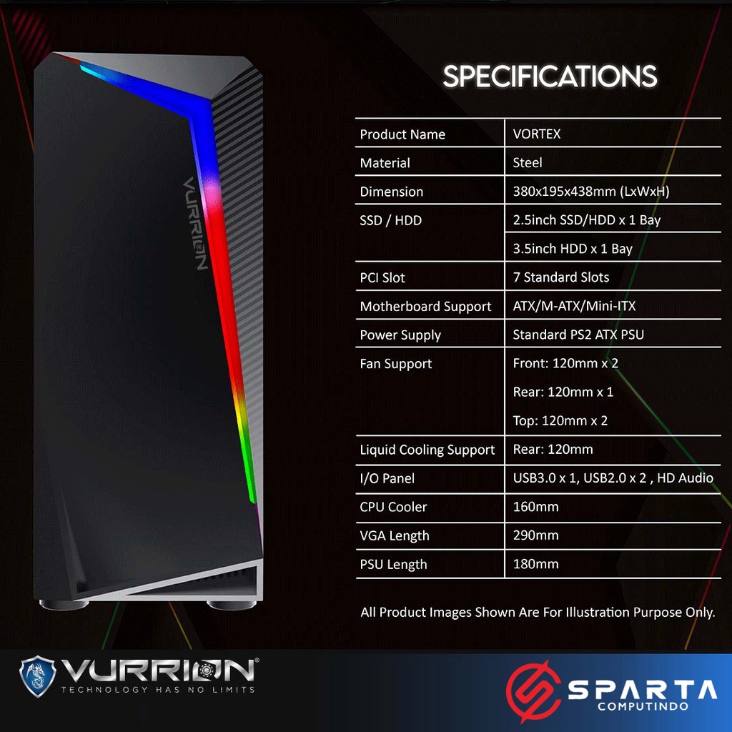 Casing Vurrion Vortex Froze Black Mid Tower Gaming Case