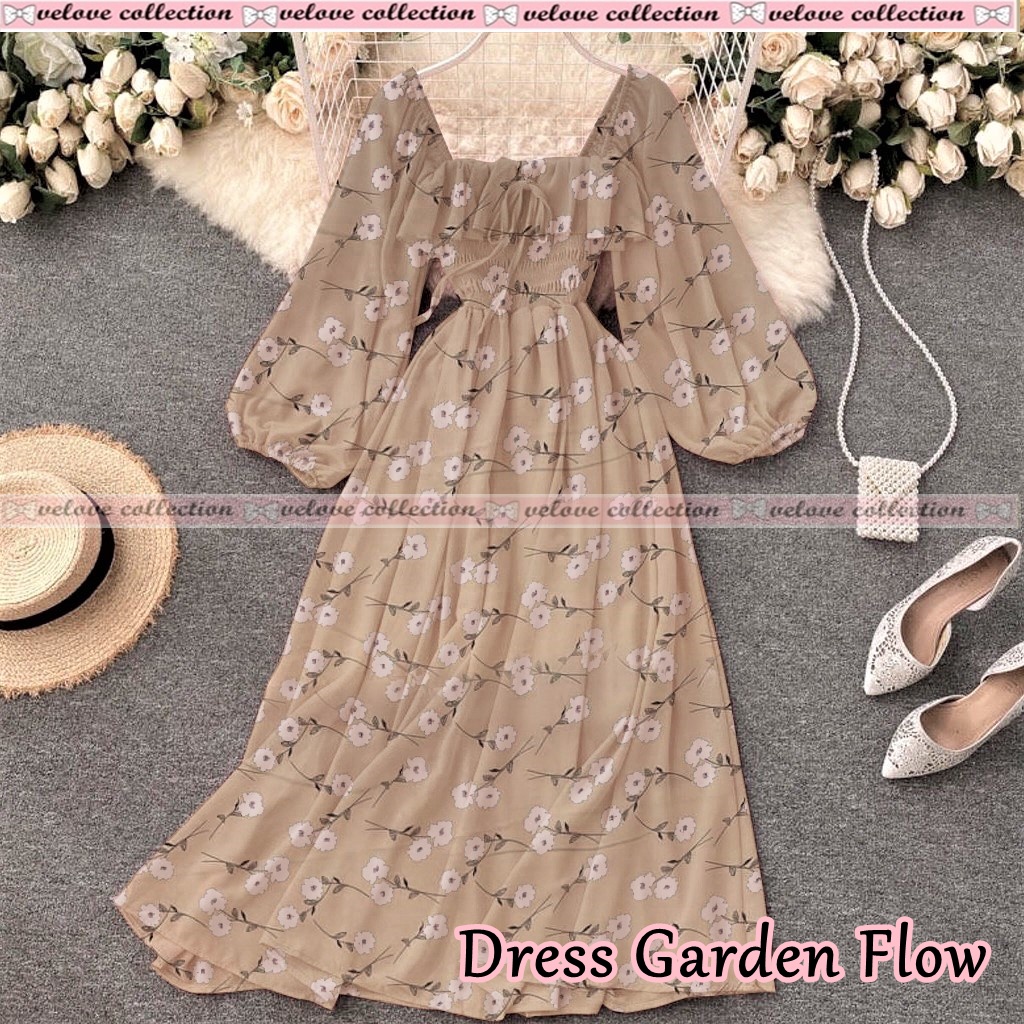 JONKA FASHION - Dress Sora Flower Fashion Wanita Gaya Vintage Dress Casual Terbaru-6230 Cream Flow