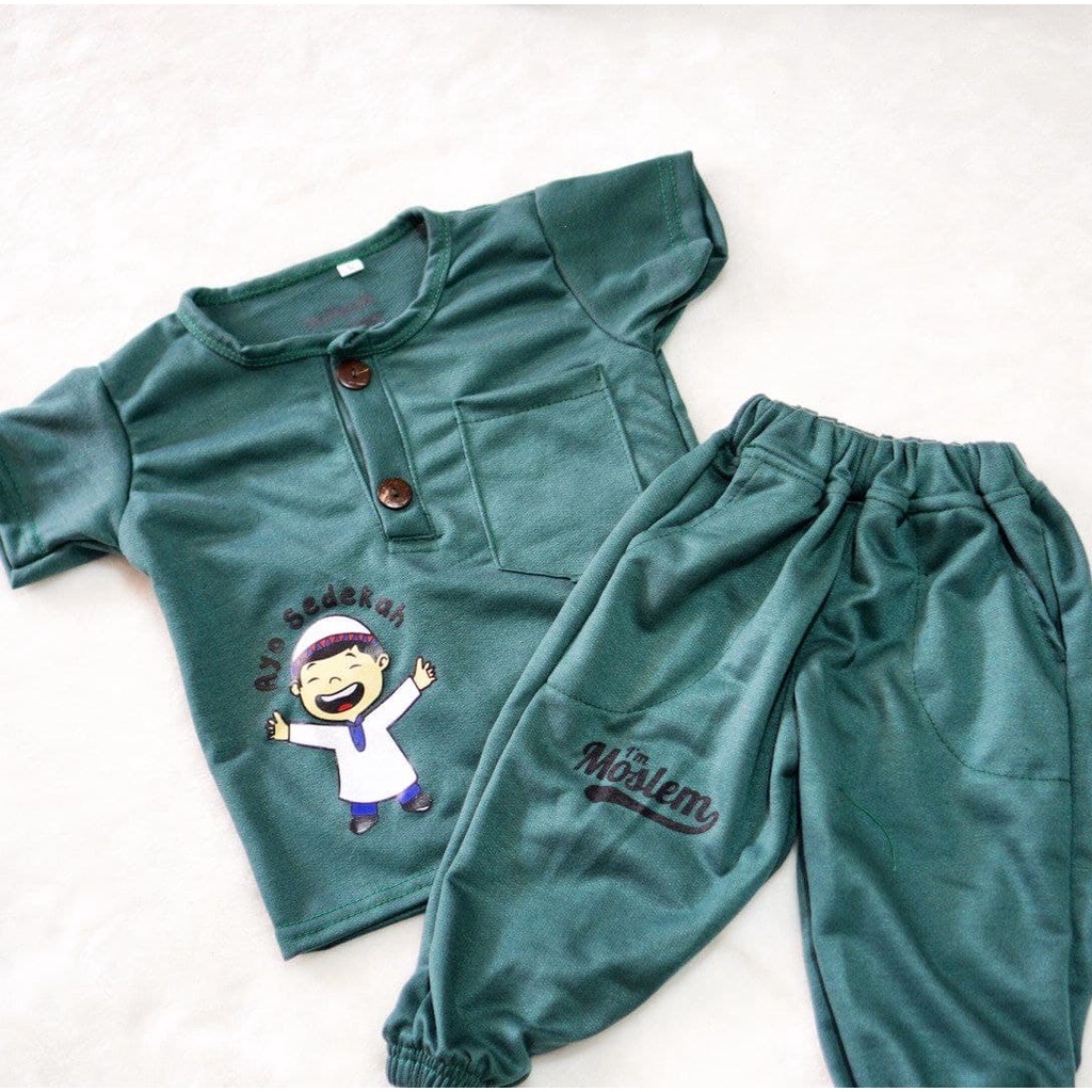 KIANO SET CELANA PANJANG AYO MENGAJI / BAJU ANAK SET UNISEX-KIANO PJG HIJAU