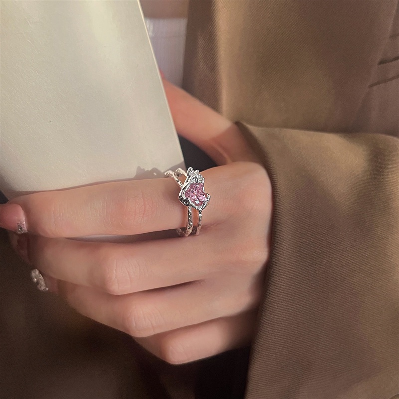 AY(CN) Cincin Zircon Warna Pink Bahan Silver Untuk Wanita