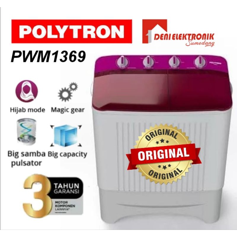 Mesin Cuci 2 Tabung Polytron 10 kg PWM1396 (KHUSUS SUMEDANG)